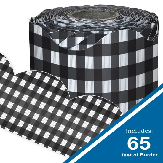 Carson Dellosa Farmhouse 65Ft of Black and White Gingham Bulletin Board Borders, 1 Roll of Scalloped Trim for Rolling Whiteboard, Cork and Posterboard, Party, Office Decorations, and Classroom Decor {2}