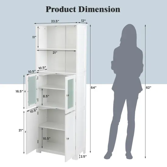 6-Tier Freestanding Bathroom Cabinet with 2 Open Compartments and Adjustable Shelves-White {4}