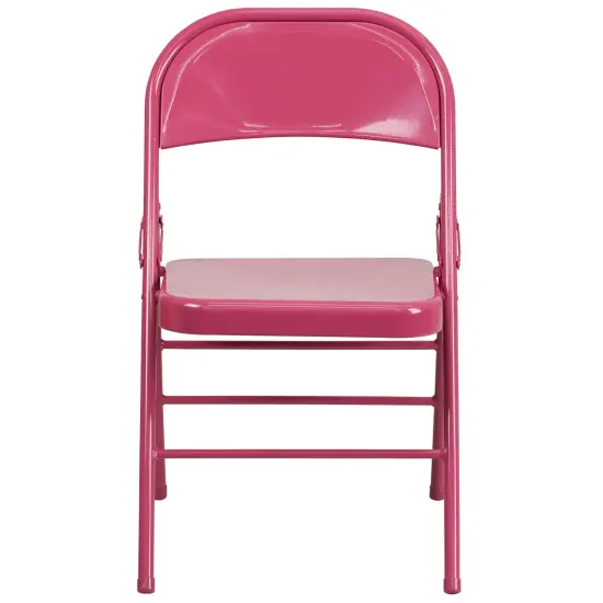 Emma and Oliver 2 Pack Home & Office Colorful Metal Folding Chair Teen and Event Seating Shockingly Fuchsia {3}