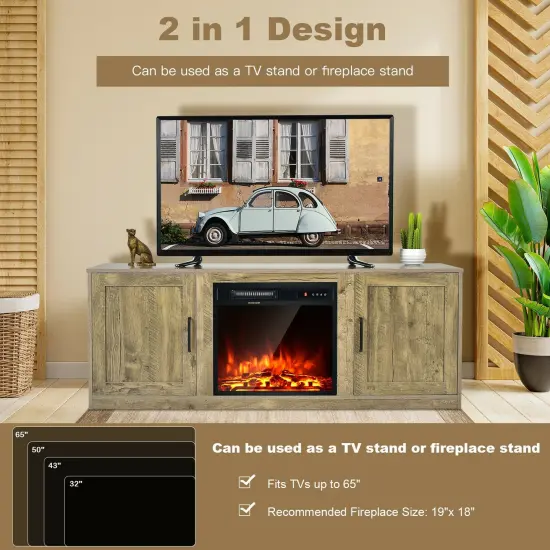 58 Inch TV Stand with 1500W Faux Fireplace for TVs up to 65 Inch Natural {2}