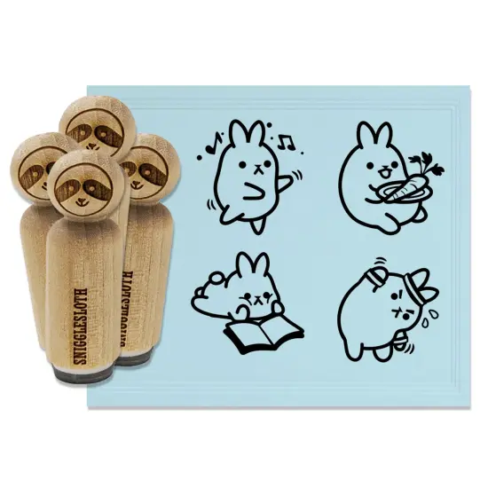 Kawaii Bunny Rabbit Exercising Dancing Reading Eating Rubber Stamp Set for Stamping Crafting Planners {2}
