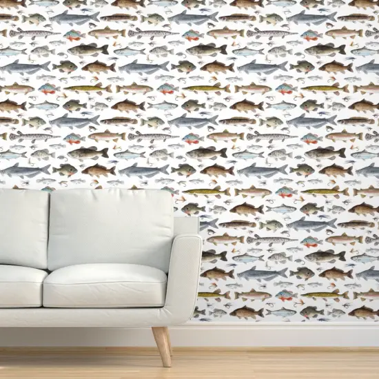 Peel & Stick Wallpaper 2FT Wide Fish Fishing Salmon Cabin Trout Fisherman Lures Sunfish Tackle Crappie Stream Muskie Sturgeon Custom Removable Wallpaper by Spoonflower {5}