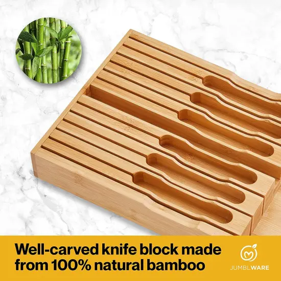 JumblWare Bamboo Knife Block, 17"x 9"x2" Wooden Knife Drawer Organizer for 12 Steak Knives {5}