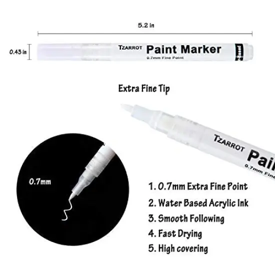 White Paint Pen 8-Pack 0.7mm Acrylic Paint Pens Includes 2 White, 2 Black, 2 Gold, 2 Silver Permanent Markers for Wood, Rock, Fabric, Metal, Plastic, and Ceramic Extra Fine Tip {6}