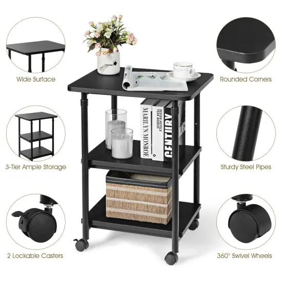 3-tier Adjustable Printer Stand with 360&deg; Swivel Casters Black {6}