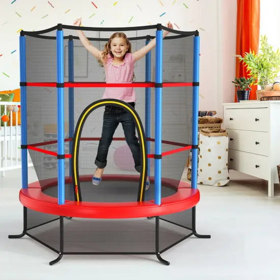 55 Inch Kids Recreational Trampoline Bouncing Jumping Mat with Enclosure Net Red {6}