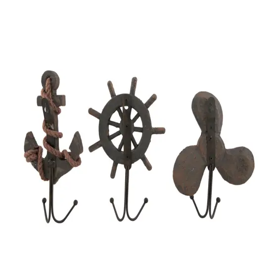 Set of 3 Weathered Finish Anchor Prop and Wheel Nautical Wall Hooks {4}