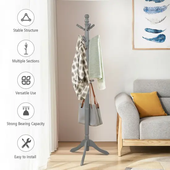 Adjustable Height Free Standing Wooden Coat Rack Tree Perfect for Any Room Grey {3}