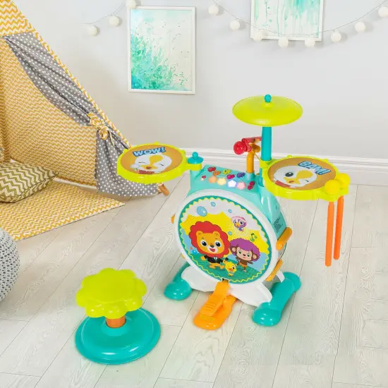 3 Pieces Electric Kids Drum Set with Microphone Stool Pedal {5}