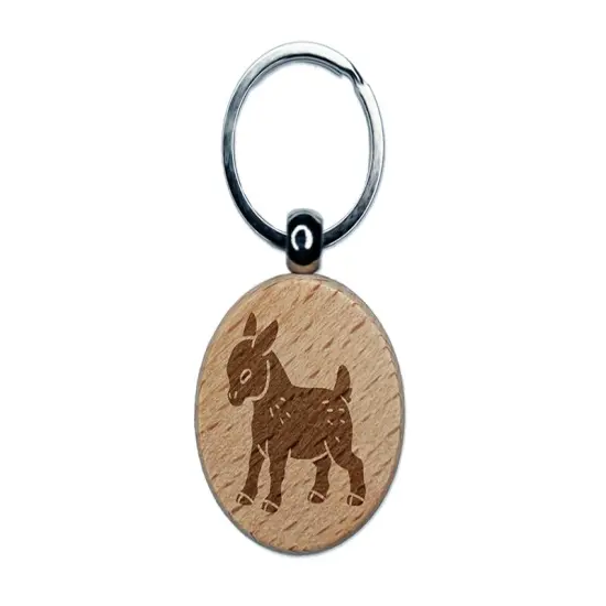 Cute Baby Goat Engraved Wood Round Keychain Tag Charm {1}