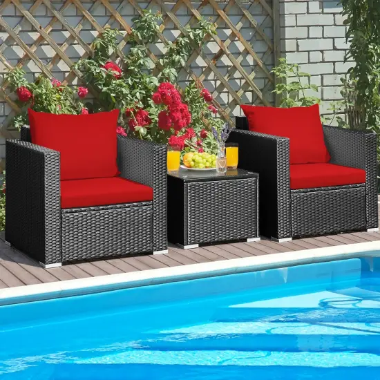 3 Pieces Patio Wicker Furniture Set with Cushion Red {6}