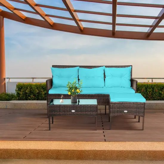 3 Pieces Patio Furniture Sectional Set with 5 Cozy Seat and Back Cushions Turquoise {6}
