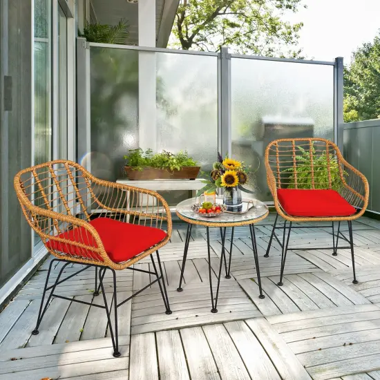 3 Pieces Rattan Furniture Set with Cushioned Chair Table Red {1}