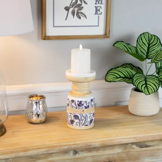 Northlight Paisley Wooden Candle Holder - 8.5" - White and Blue {3}