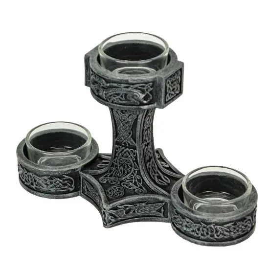 Norse Mythology Thor's Hammer Mjolnir Silver Finish Triple Tealight Candleholder {4}