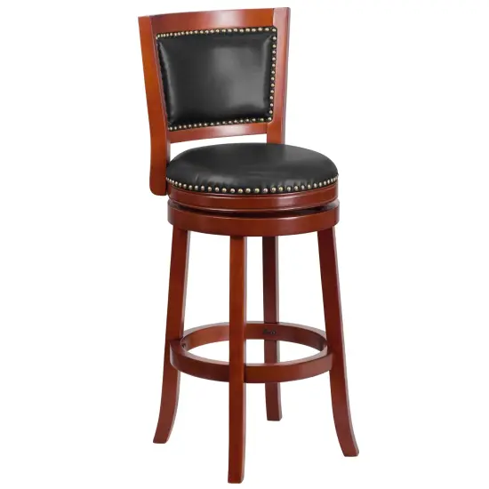 Merrick Lane Amara Series Wooden Stool with Open Panel Back with Faux Leather Accent and Seat Dark Cherry {1}