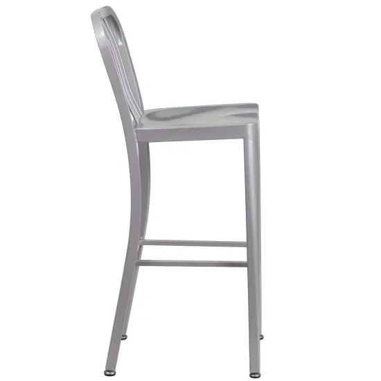 Merrick Lane Santorini 30 Inch Galvanized Steel Indoor/Outdoor Counter Bar Stool With Slatted Back And Powder Coated Finish Silver {5}