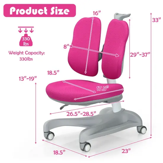 Adjustable Height Student Chair with Sit-Brake Casters and Lumbar Support for Home and School-Pink {3}