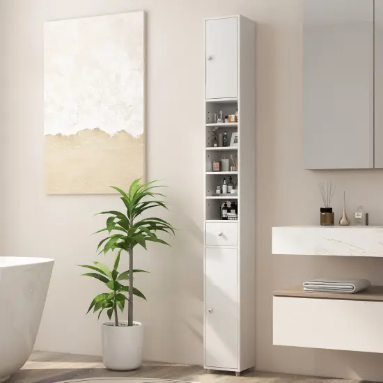 White MDF Freestanding Tall Narrow Bathroom Cabinet Storage Organizer with Drawer and Shelves {2}