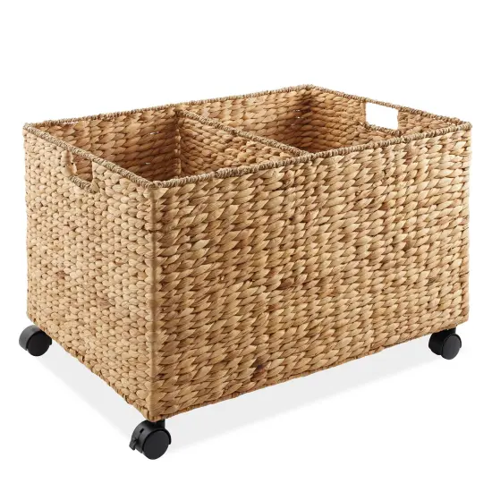 Casafield Rolling Storage Basket Cart with Lid and Locking Wheels - Handwoven Water Hyacinth Divided Recycling Sorting Bin for Kitchen, Laundry Room, Garage {4}