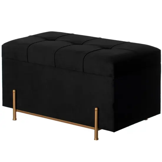 Large Rectangle Velvet Storage Ottoman Stool Box with Golden Legs | Decorative Sitting Bench for Living Room Home Decor with Cylindrical Golden Support Black {7}