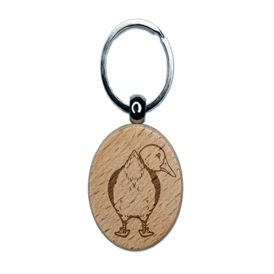 Fluffy Duck Butt Looking Behind Engraved Wood Round Keychain Tag Charm {1}