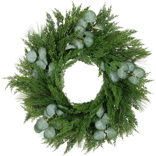 Northlight Real Touch&trade;️ Mixed Pine and Eucalyptus Artificial Christmas Wreath- 24" - Unlit Green {1}