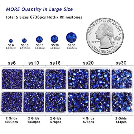 6736pcs Hotfix Rhinestones Flatback,Royal Blue Rhinestones for Crafts Clothes Mixed 5 Sizes, Hotfix Crystals with Tweezers and Wax Pencil Kit, SS6-SS30,Sapphire {3}