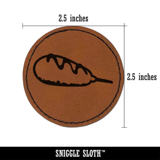 Corn Dog with Ketchup Round Iron-On Engraved Faux Leather Patch Applique - 2.5" Brown {3}