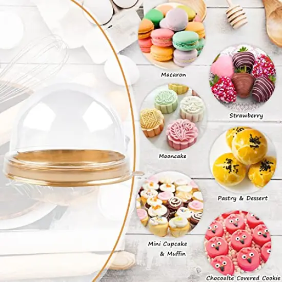 100 Pcs Clear Plastic Mini Cake Boxes with Dome Lids, Mini Bundt Cake Containers for Mini Cupcake, Muffin, Chocolate Covered Cookie, Strawberry, Mooncake and More (Gold Base) {4}