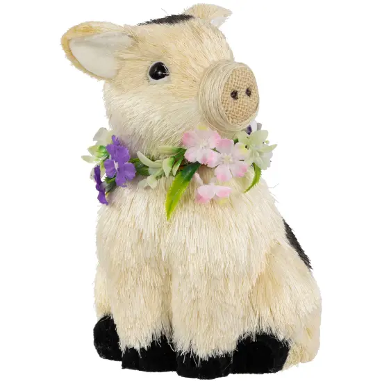Northlight Spotted Sitting Piglet Rustic Spring Figurine - 9" - Off White and Black Ivory {5}