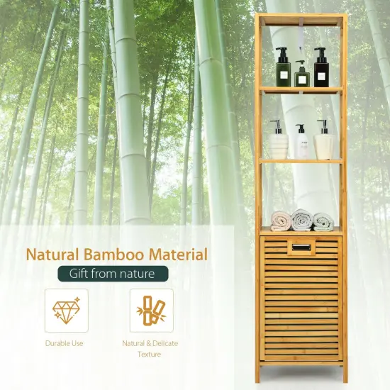 Bamboo Tower Hamper Organizer with 3-Tier Storage Shelves-Natural {3}