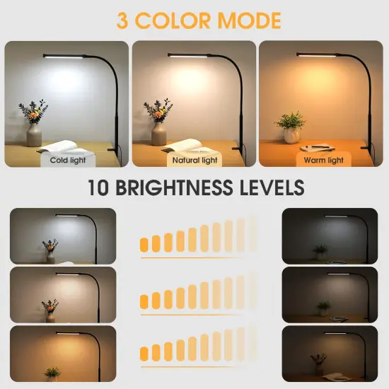 LED Desk lamp with Clamp, Eye-Caring Clip on Lights for Home Office, 3 Modes 10 Brightness, Long Flexible Gooseneck,Metal, Swing Arm Architect Task Table Lamps with USB Adapter, Black {1}