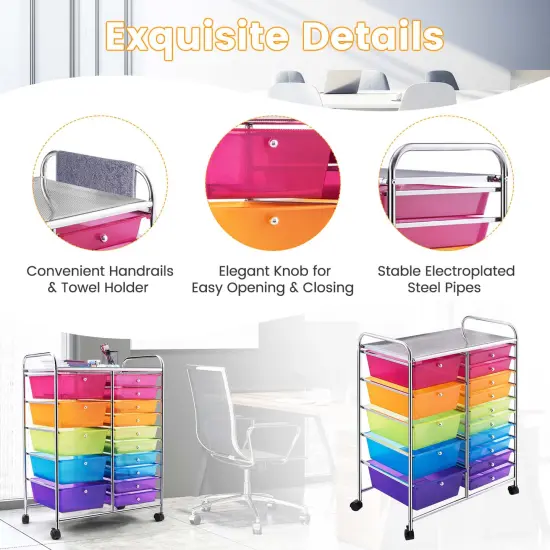 Costway 15 Drawer Rolling Storage Cart Tools Scrapbook Paper Office School Organizer Colorful {5}
