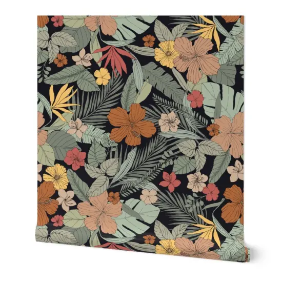 Peel & Stick Wallpaper 2FT Wide Tropical Floral Exotic Jumbo Scale Flowers Hibiscus Leaves Botanical Custom Removable Wallpaper by Spoonflower {7}