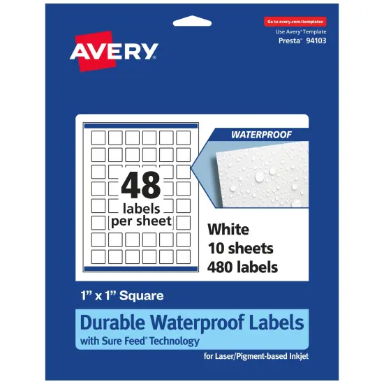 Avery Durable Waterproof Square Labels with Sure Feed, 1" x 1" {1}
