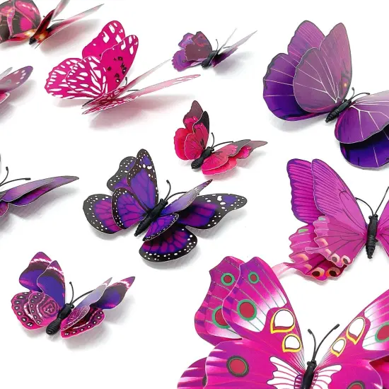 Wrapables 3D Double Wings Butterfly Decorative Wall Decor Stickers, Decals for Bedroom (24 pcs) Purple {2}