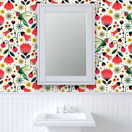 Peel & Stick Wallpaper 2FT Wide Hummingbird Vintage Flowers Floral Retro Mod Mid Century Scandi Red Yellow Green Custom Removable Wallpaper by Spoonflower {6}