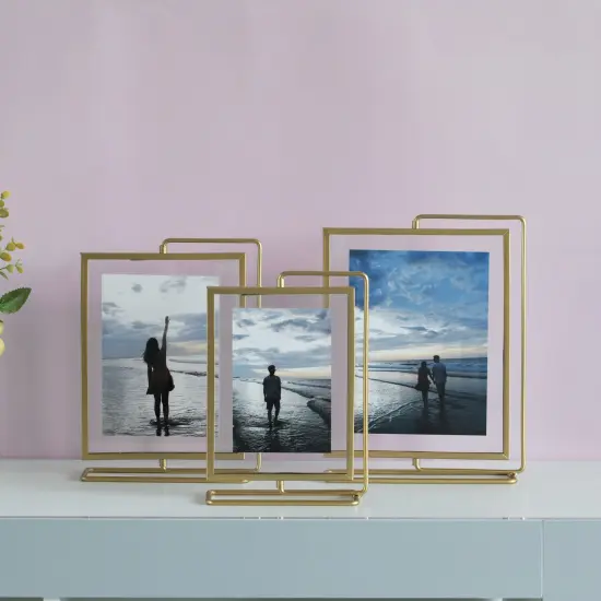 Gold Modern Metal Floating Tabletop Photo Frame with Glass Cover and Glass Cover and Free Spinning Stand {5}
