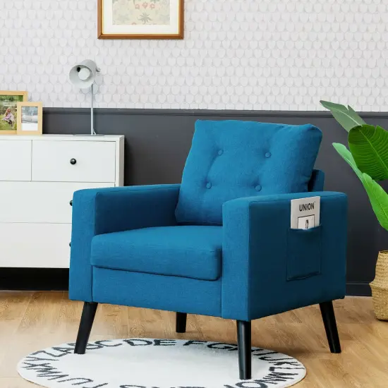 Modern Button Tufted Accent Chair with Rubber Wood Legs and Wide Backrest Ideal for Any Room Blue {2}