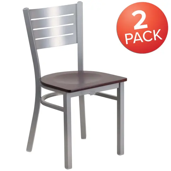 Emma and Oliver 2 Pack Silver Slat Back Metal Restaurant Chair MahoganySeat/Silver {5}
