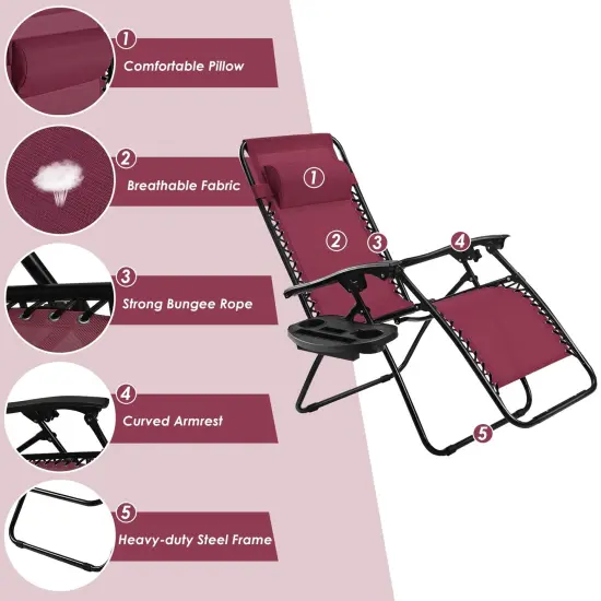 Outdoor Folding Zero Gravity Reclining Lounge Chair with Utility Tray Dark Red {6}