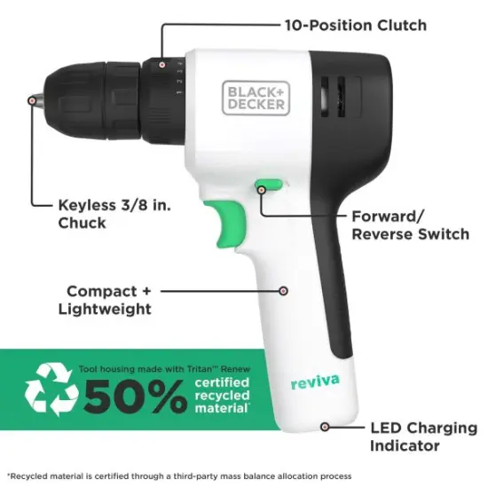 BLACK+DECKER Reviva 12V MAX* Cordless Drill with Charger and Double-Ended Screwdriver Bit (REVCDD12C) {3}