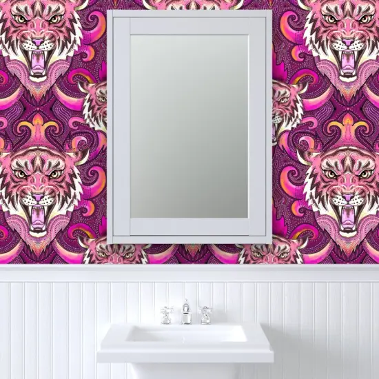 Peel & Stick Wallpaper 2FT Wide Pink Tigers Purple Orange Maximalist Xl Jungle Custom Removable Wallpaper by Spoonflower {6}
