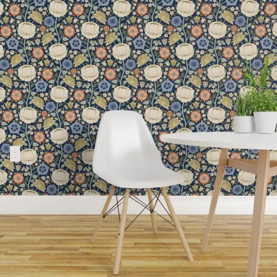 Peel & Stick Wallpaper 2FT Wide Arts And Crafts Antique Graphic Hand Drawn Flowers Victorian Renaissance Baroque Blue Beige Custom Removable Wallpaper by Spoonflower {1}