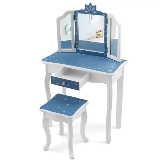Princess Vanity Table and Chair Set with Tri-Folding Mirror and Snowflake Print-Blue {4}