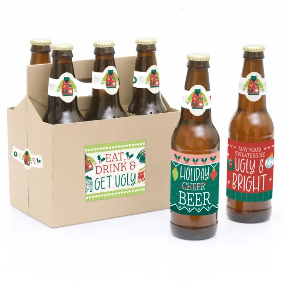 Big Dot of Happiness Colorful Christmas Sweaters - Ugly Sweater Holiday Party Decorations - 6 Beer Bottle Label Stickers and 1 Carrier {1}