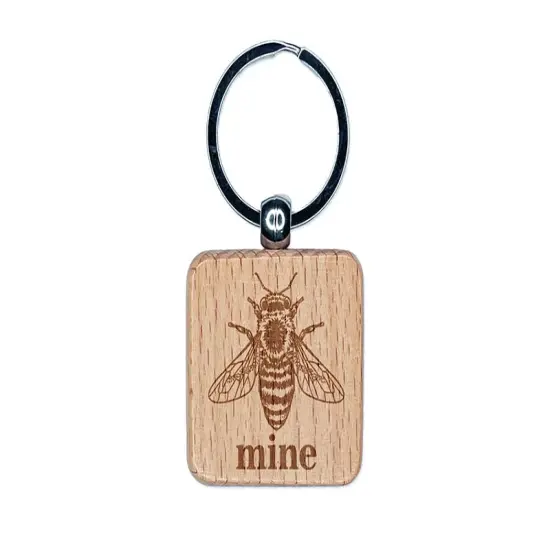 Bee Be Mine Valentine Engraved Wood Square Keychain Tag Charm {1}
