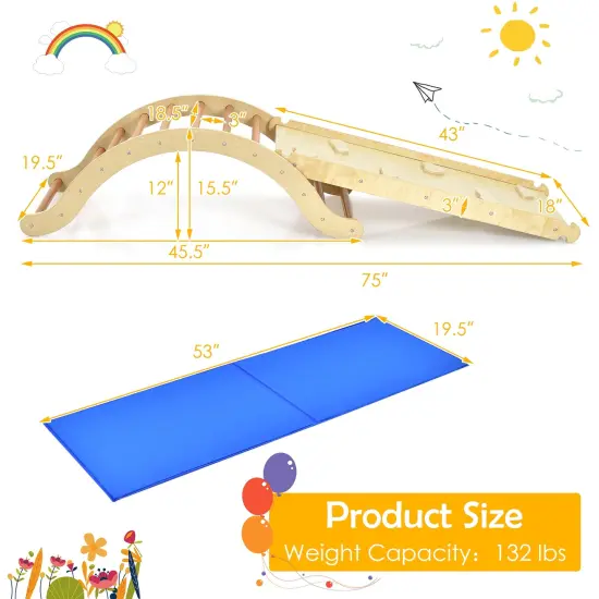 3-in-1 Kids Climber Set Wooden Arch Triangle Rocker with Ramp and Mat Natural {4}