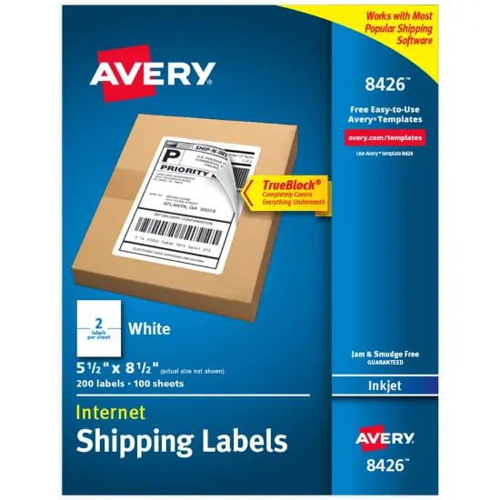 Avery Printable Shipping Labels, 5.5" x 8.5" Customizable Stickers, White, 200 Blank Mailing Labels, Great for Mailing, Shipping, Organizing, and More (8426) {1}